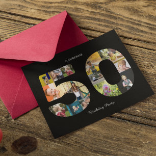 50th Birthday Party Photo Collage Black White Invi Postcard