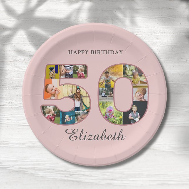 50th Birthday Party Photo Collage Dusty Blush Pink Paper Plate (Blush dusty pink 50th birthday personalized paper party plate with photo collage.)