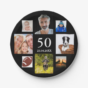 50th birthday party photo collage guy black paper plate