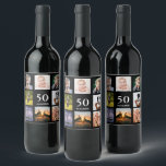 50th birthday party photo collage guy black wine label<br><div class="desc">A wine bottle label for a 50th birthday party for a guy,  celebrating his life with a collage of 8 of your own photos.  Templates for a name,  age 50 and a date.  Date of birth or the date of the party.  White coloured letters.  Black background.</div>