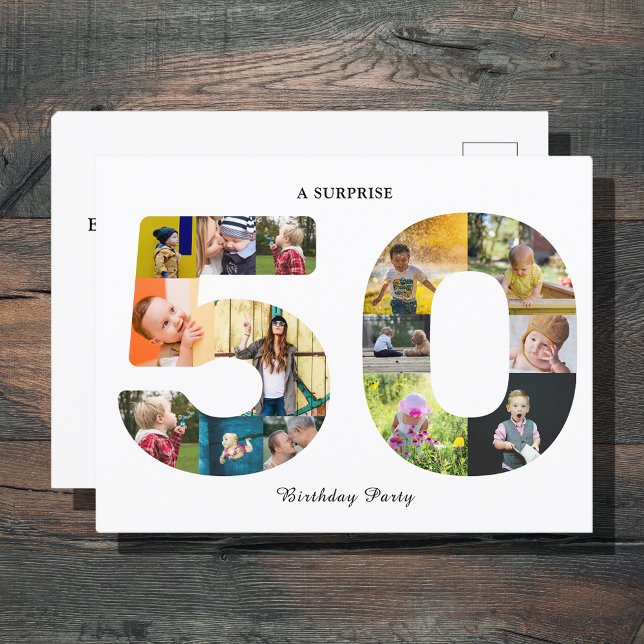 50th Birthday Party Photo Collage Invitation Postcard (Creator Uploaded)
