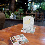 50th birthday party photo collage square paper coaster<br><div class="desc">A party coaster for a girly 50th birthday party,  celebrating her life with a collage of 8 of your photos.  Templates for a name,  age 50 and a date.  Date of birth or the date of the party.  Coral and burgundy coloured letters.  White background.</div>