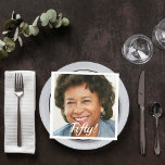 50th birthday party photo script woman napkin<br><div class="desc">Template for own Your photo.  White text overlay: Fifty!.  Written with a modern hand lettered style script. A napkin for a 50th birthday party.</div>