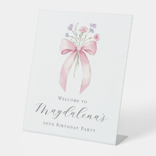 50th Birthday Party Pink Bow Wildflower Welcome Pedestal Sign