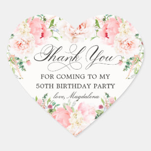 50th Birthday Party Pink Floral Thank You Favour Heart Sticker