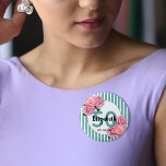 50th birthday party pink flowers teal stripes 1 inch round button<br><div class="desc">An elegant button for a girly 50th birthday party. Classic slim teal, green and white vertical stripes as background. With girly and feminine pink flowers, roses and peonies as decoration. A frame with templates for a name, age 50 and a date. The name is written with black hand lettered style...</div>