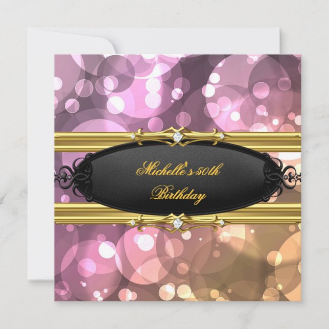 50th Birthday Party Pink Gold Black Diamond Invitation (Front)