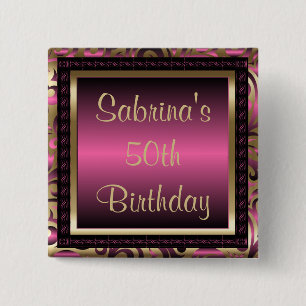 50th Birthday Party Pink Metallic & Gold 2 Inch Square Button