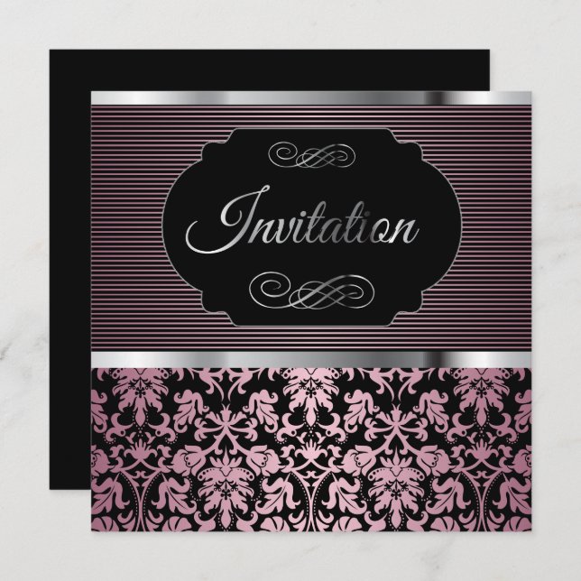 50th Birthday Party | Pink, Silver & Black Damask Invitation (Front/Back)