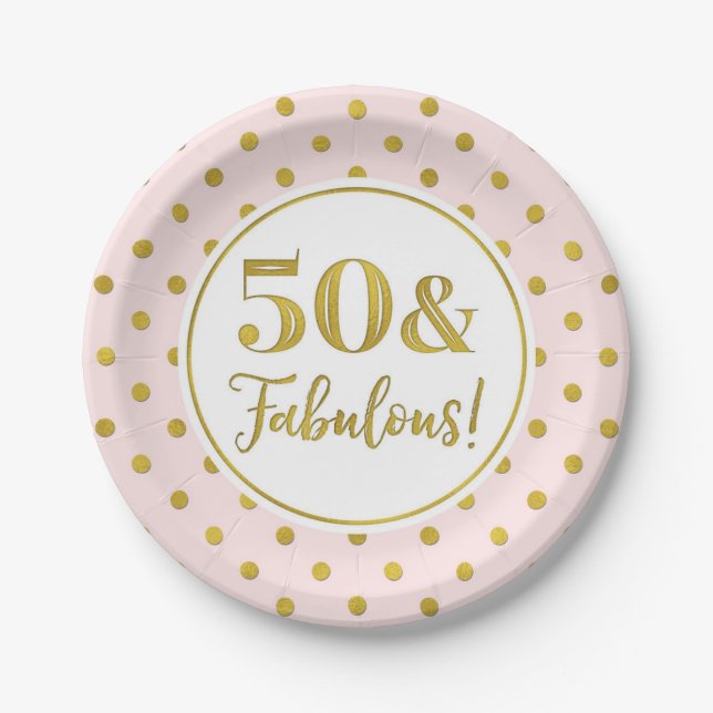 50th Birthday Party Pink White Gold Dots Paper Pla Paper Plate (Front)
