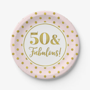 50th Birthday Party Pink White Gold Dots Paper Pla Plate