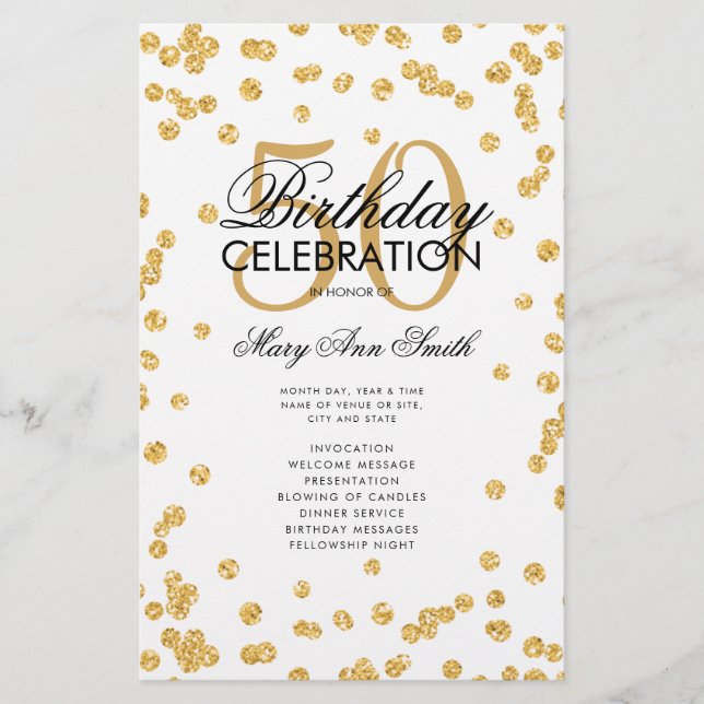 50th Birthday Party Program Gold Glitter w/ Menu (Front)