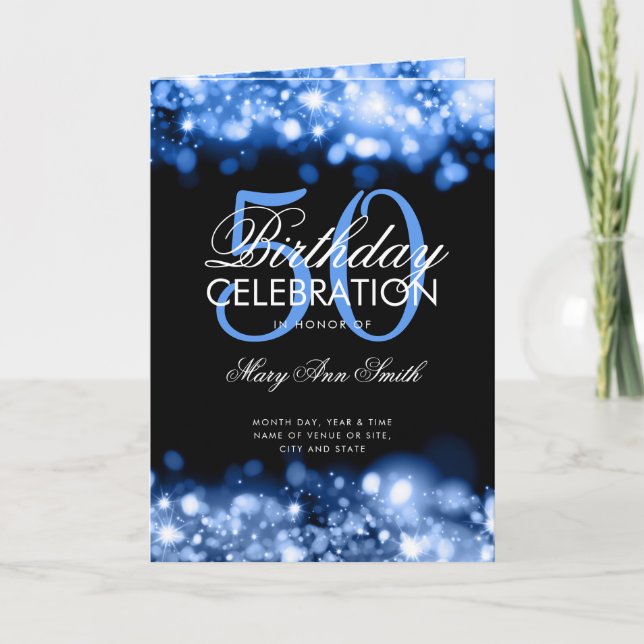 50th Birthday Party Program Menu Lights Navy  (Front)