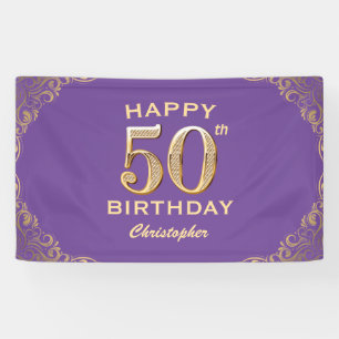 50th Birthday Party Purple and Gold Glitter Frame Banner