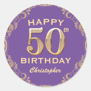 50th Birthday Party Purple and Gold Glitter Frame Classic Round Sticker