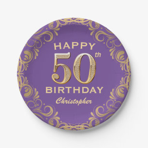 50th Birthday Party Purple and Gold Glitter Frame Paper Plate