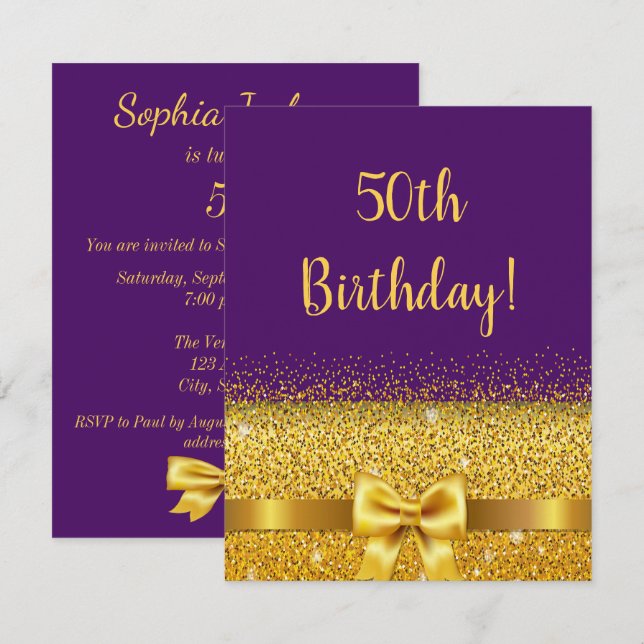 50th birthday party purple gold bow invitation (Front/Back)