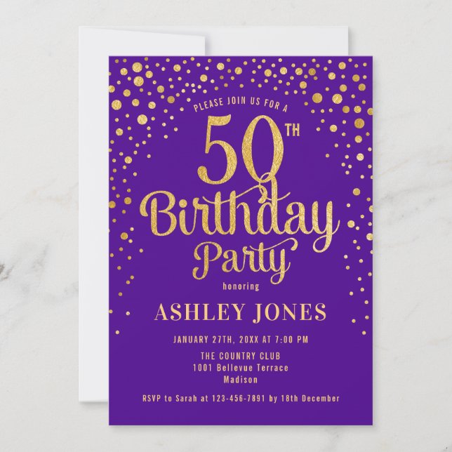 50th Birthday Party - Purple & Gold Invitation (Front)