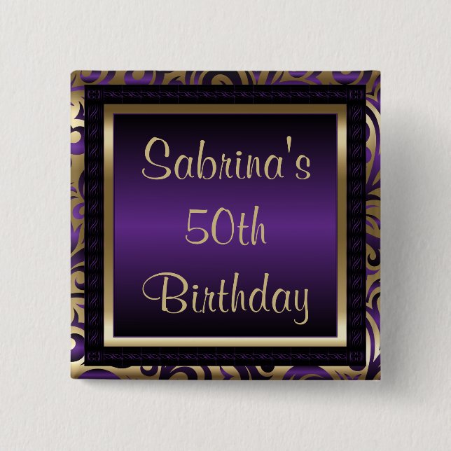 50th Birthday Party | Purple Metallic & Gold 2 Inch Square Button (Front)