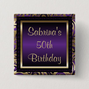 50th Birthday Party   Purple Metallic & Gold 2 Inch Square Button