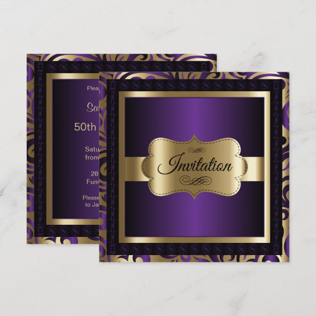 50th Birthday Party | Purple Metallic & Gold Invitation (Front/Back)