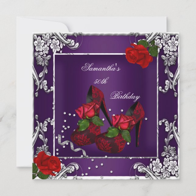 50th Birthday Party Purple Red Rose Silver Invitation (Front)