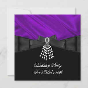 50th Birthday Party Purple Silk Jewel Black White Invitation