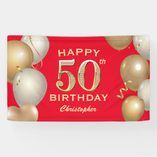 50th Birthday Party Red and Gold Balloons Banner