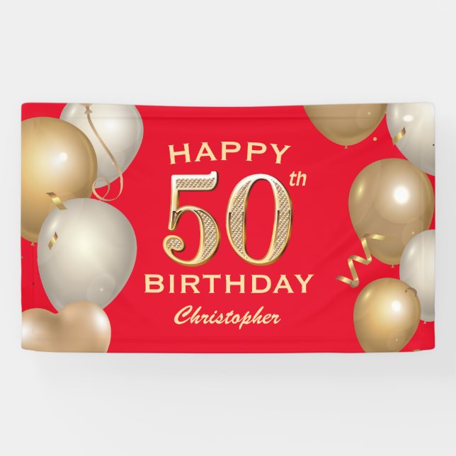 50th Birthday Party Red and Gold Balloons Banner (Horizontal)