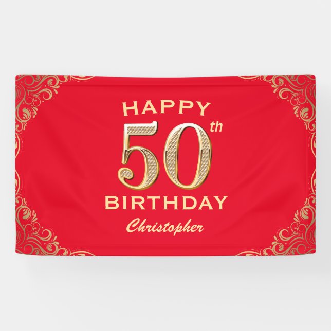 50th Birthday Party Red and Gold Glitter Frame Banner (Horizontal)