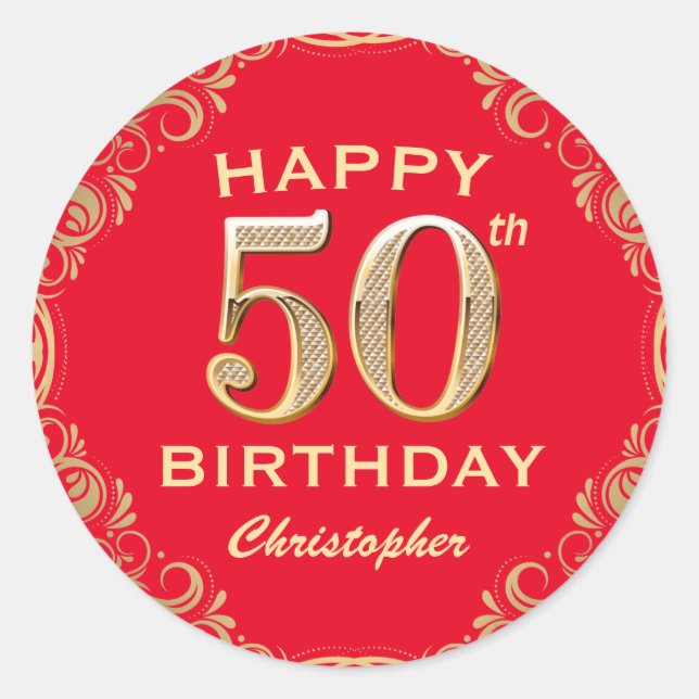 50th Birthday Party Red and Gold Glitter Frame Classic Round Sticker (Front)