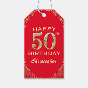 50th Birthday Party Red and Gold Glitter Frame Gift Tags