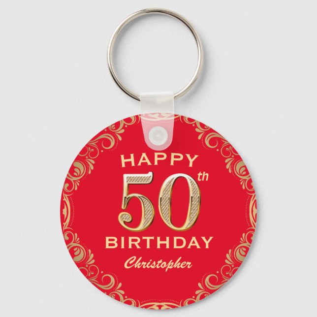 50th Birthday Party Red and Gold Glitter Frame Keychain (Front)