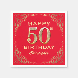 50th Birthday Party Red and Gold Glitter Frame Napkin