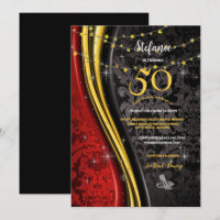 50th Birthday Party Red, Gold & Black Swirls