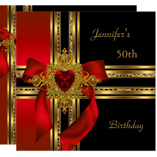 50th Birthday Party Red Gold Heart Jewel Invitation Zazzle Ca