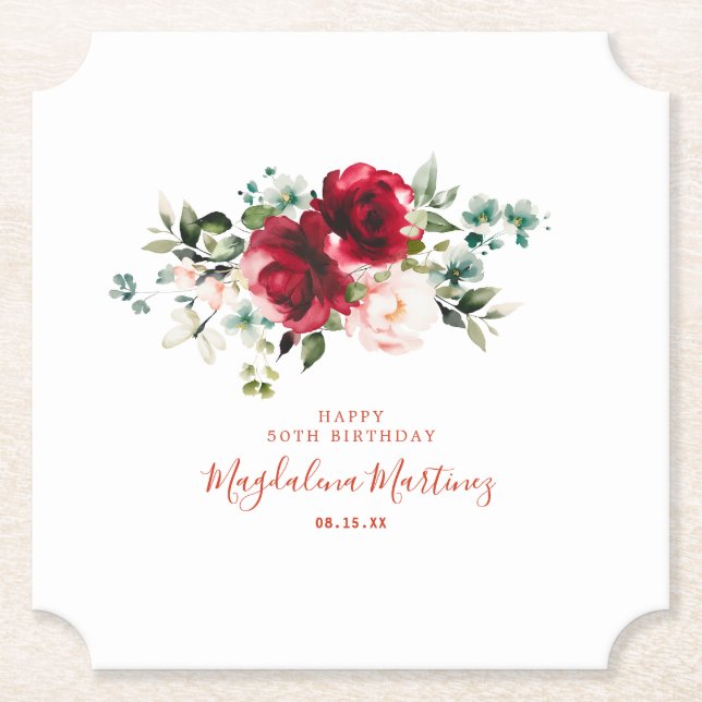50th Birthday Party Red Rose Pink Peony Custom Paper Coaster (Front)