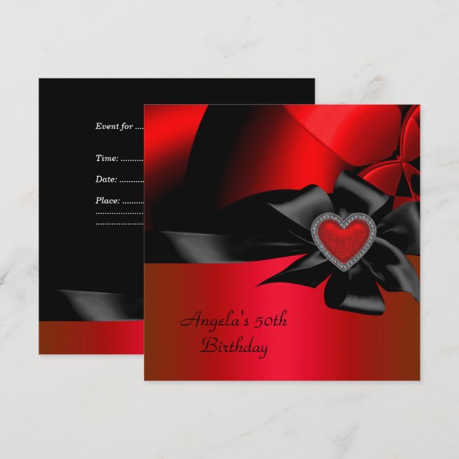 50th Birthday Party Red Silver Abstract Black Invitation (Front/Back)