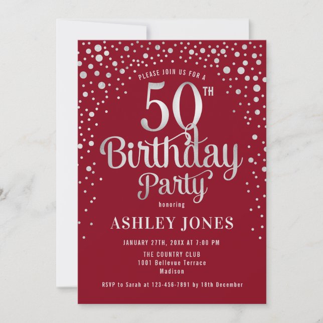 50th Birthday Party - Red & Silver Invitation (Front)