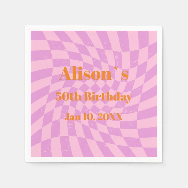 50th Birthday Party Retro Check Paper Napkin (Front)