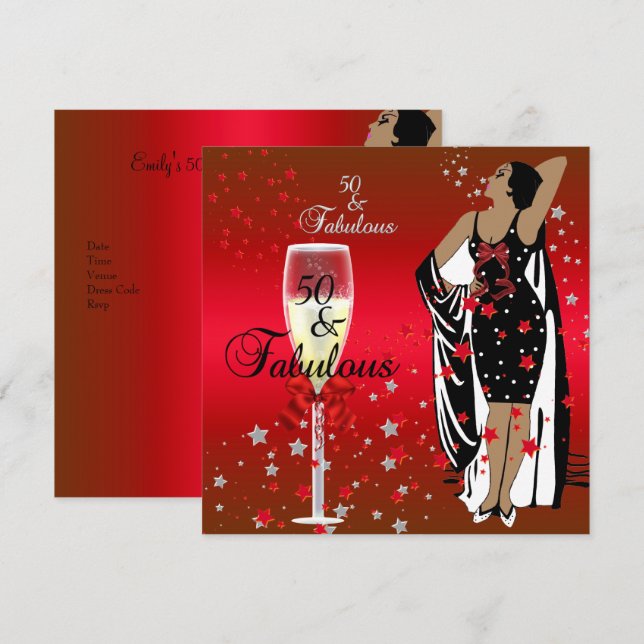 50th Birthday Party Retro Diva Art deco Red Black Invitation (Front/Back)