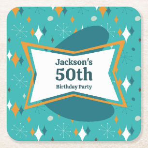 50th Birthday Party Retro Mid Century Any Age Square Paper Coaster