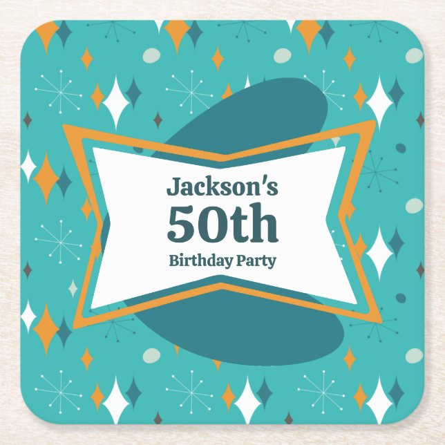 50th Birthday Party Retro Mid Century Any Age Square Paper Coaster (Front)