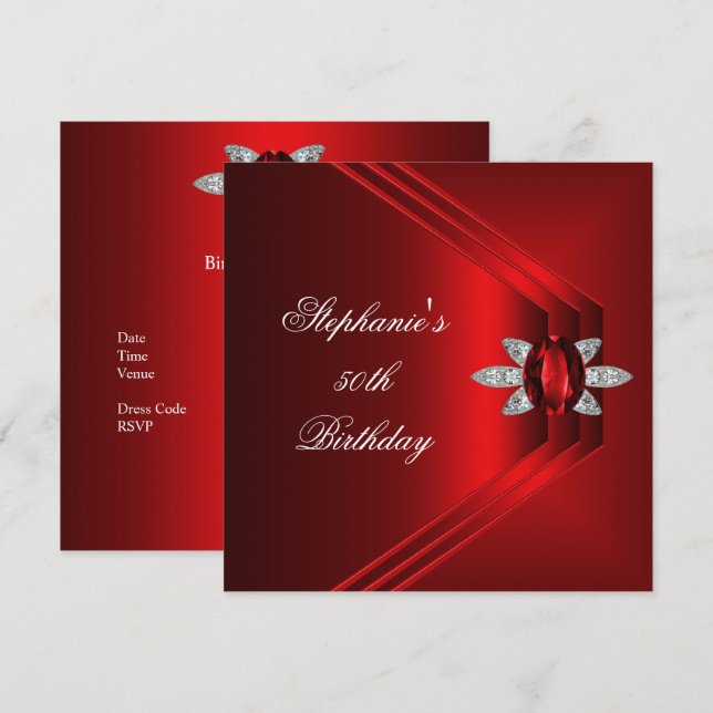 50th Birthday Party Rich Red Silk Diamond Jewel Invitation (Front/Back)