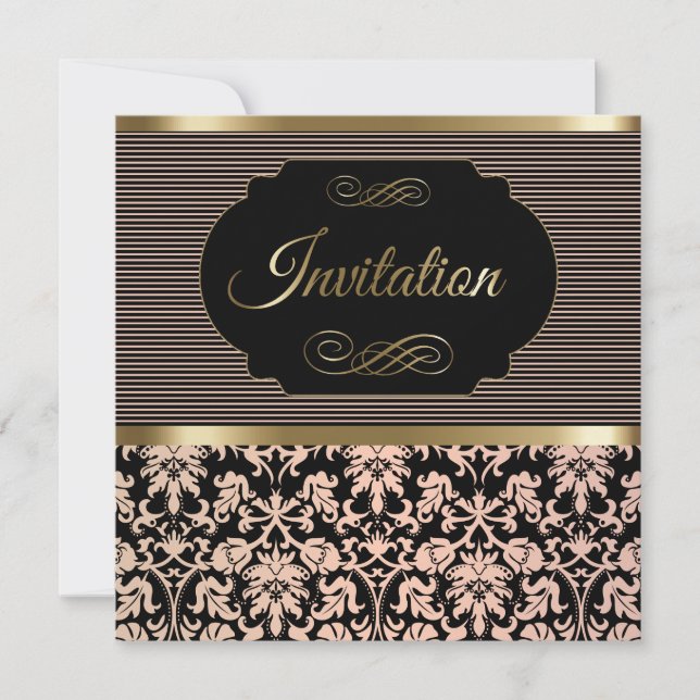 50th Birthday Party | Rose, Gold & Black Damask Invitation (Front)