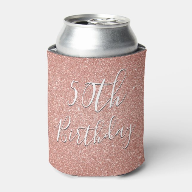 50th Birthday Party Rose Gold Blush Pink Glitter Can Cooler (Can Front)