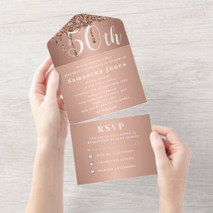 50th Birthday Party Rose Gold Bold RSVP Modern All In One Invitation