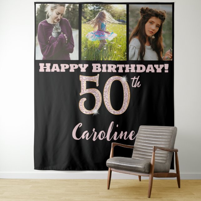 50th Birthday Party, Rose Gold Glitter & 3 photos Tapestry (In Situ)