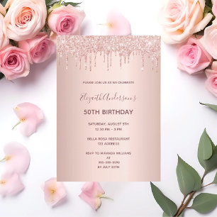 50th birthday party rose gold glitter drip invitation