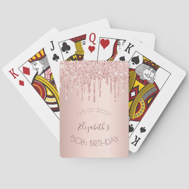 50th birthday party rose gold glitter drips glam playing cards (Back)